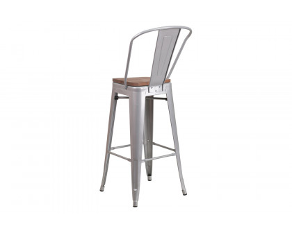 BLNK Lily Metal Bar Stool with Back and Wood Seat - Silver