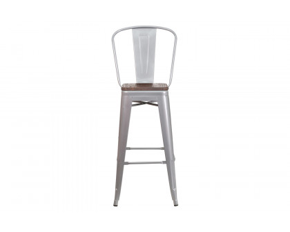 BLNK Lily Metal Bar Stool with Back and Wood Seat - Silver