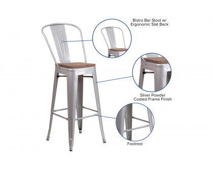 BLNK Lily Metal Bar Stool with Back and Wood Seat - Silver