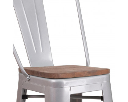 BLNK Lily Metal Bar Stool with Back and Wood Seat - Silver