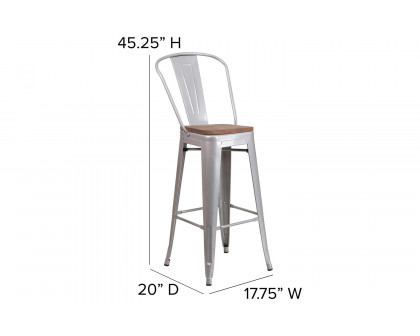 BLNK Lily Metal Bar Stool with Back and Wood Seat - Silver