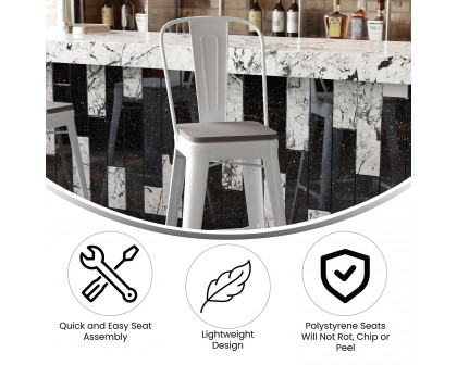 BLNK Kai Commercial All-Weather Bar Height Stool with Removable Back and Resin Seat - White/Gray