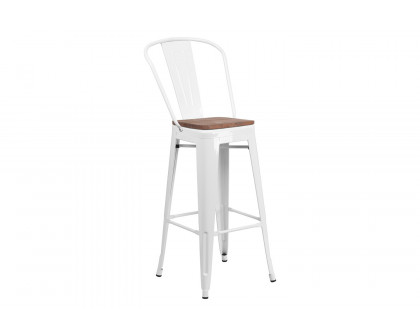 BLNK Lily Metal Bar Stool with Back and Wood Seat - White