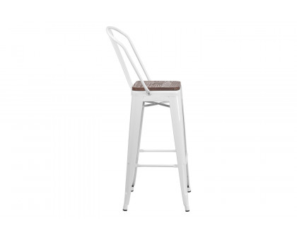 BLNK Lily Metal Bar Stool with Back and Wood Seat - White