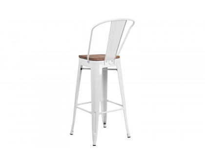 BLNK Lily Metal Bar Stool with Back and Wood Seat - White