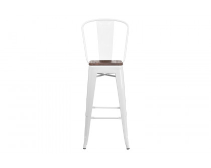 BLNK Lily Metal Bar Stool with Back and Wood Seat - White