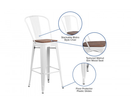 BLNK Lily Metal Bar Stool with Back and Wood Seat - White