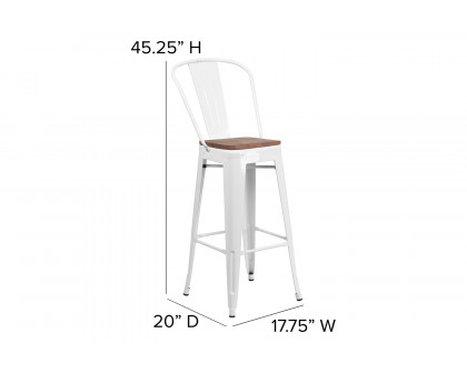 BLNK Lily Metal Bar Stool with Back and Wood Seat - White