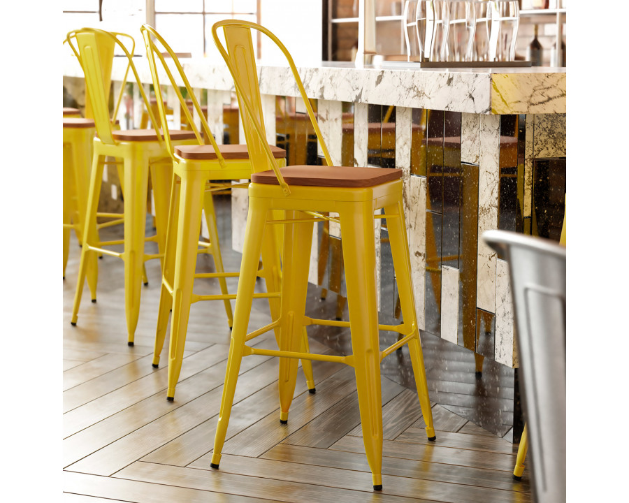 BLNK Kai Commercial All-Weather Bar Height Stool with Removable Back and Resin Seat - Yellow/Teak