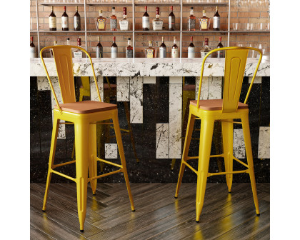 BLNK Kai Commercial All-Weather Bar Height Stool with Removable Back and Resin Seat - Yellow/Teak