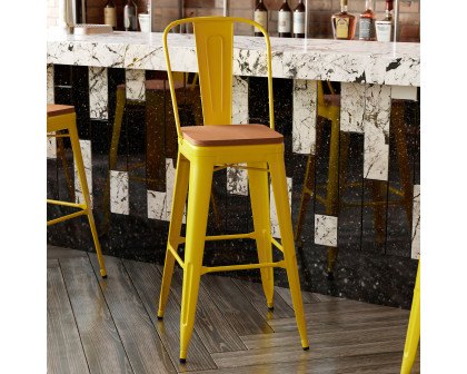 BLNK Kai Commercial All-Weather Bar Height Stool with Removable Back and Resin Seat - Yellow/Teak