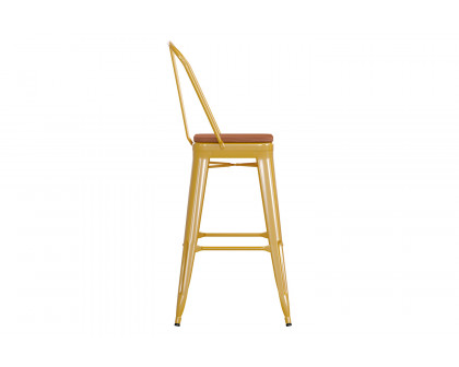 BLNK Kai Commercial All-Weather Bar Height Stool with Removable Back and Resin Seat - Yellow/Teak