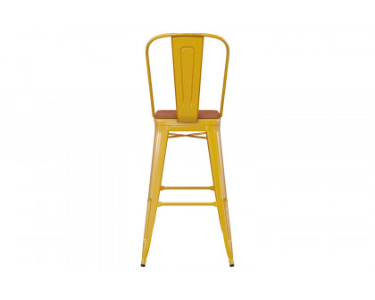 BLNK Kai Commercial All-Weather Bar Height Stool with Removable Back and Resin Seat - Yellow/Teak