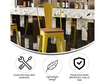 BLNK Kai Commercial All-Weather Bar Height Stool with Removable Back and Resin Seat - Yellow/Teak