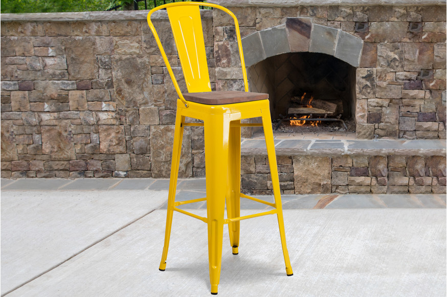 BLNK™ Lily Metal Bar Stool with Back and Wood Seat - Yellow