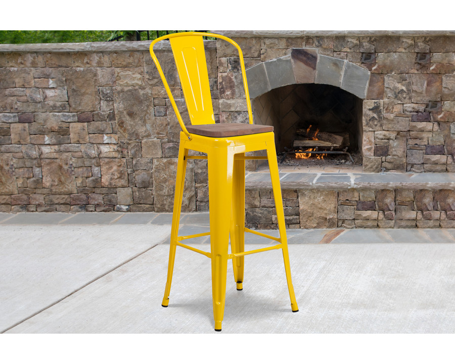 BLNK Lily Metal Bar Stool with Back and Wood Seat - Yellow