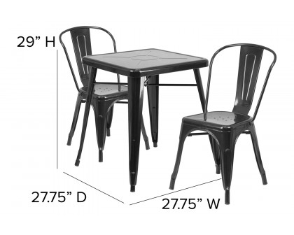 BLNK Owen Commercial Square Metal Indoor-Outdoor Table Set with 2 Stack Chairs - Black