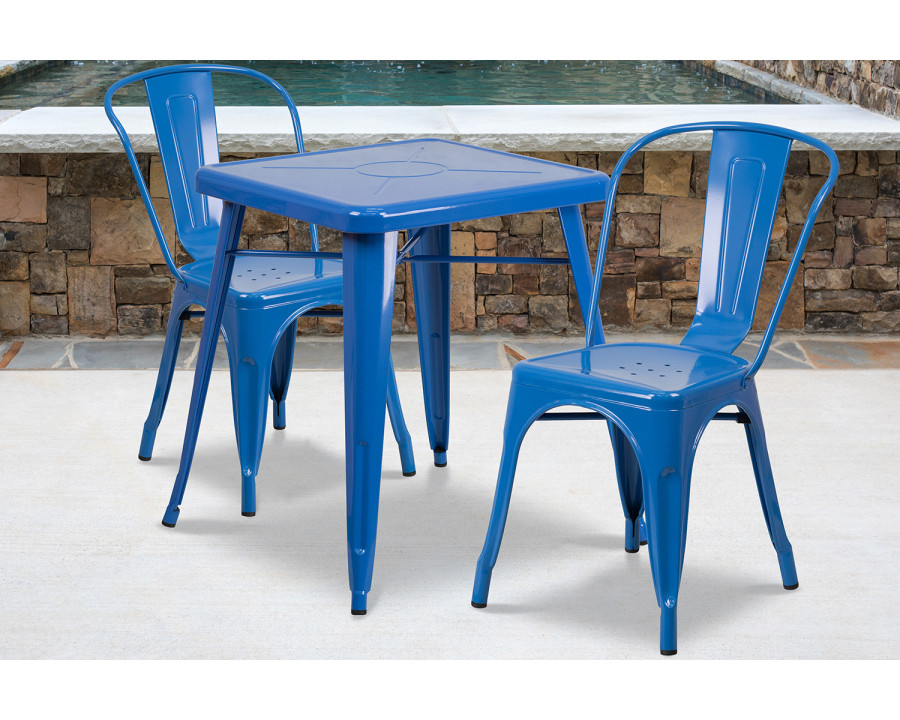 BLNK Owen Commercial Square Metal Indoor-Outdoor Table Set with 2 Stack Chairs - Blue