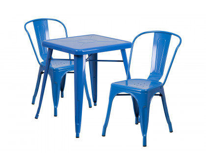 BLNK Owen Commercial Square Metal Indoor-Outdoor Table Set with 2 Stack Chairs - Blue