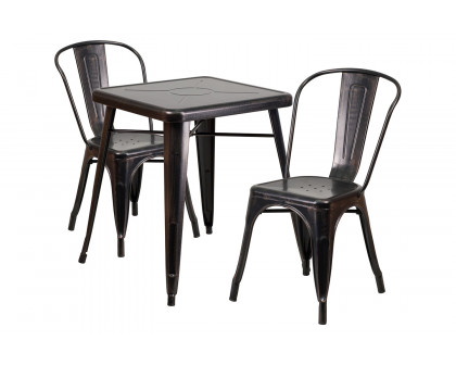 BLNK Owen Commercial Square Metal Indoor-Outdoor Table Set with 2 Stack Chairs - Black/Antique Gold