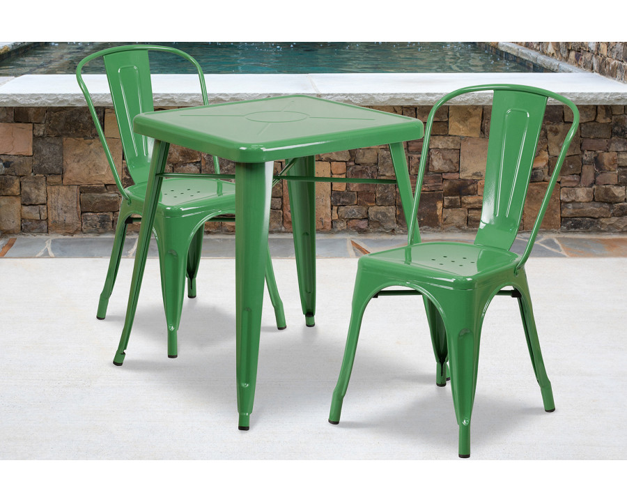 BLNK Owen Commercial Square Metal Indoor-Outdoor Table Set with 2 Stack Chairs - Green