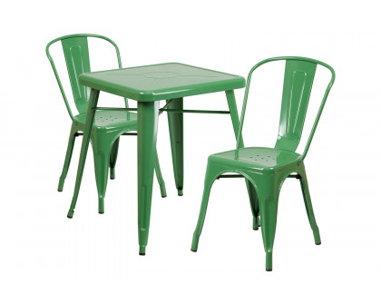 BLNK Owen Commercial Square Metal Indoor-Outdoor Table Set with 2 Stack Chairs - Green