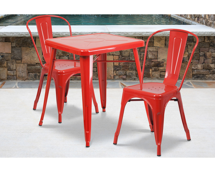 BLNK Owen Commercial Square Metal Indoor-Outdoor Table Set with 2 Stack Chairs - Red