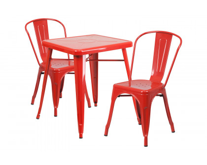 BLNK Owen Commercial Square Metal Indoor-Outdoor Table Set with 2 Stack Chairs - Red