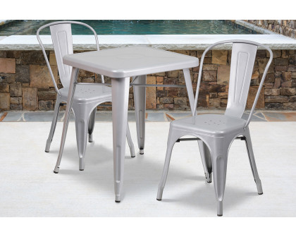 BLNK Owen Commercial Square Metal Indoor-Outdoor Table Set with 2 Stack Chairs