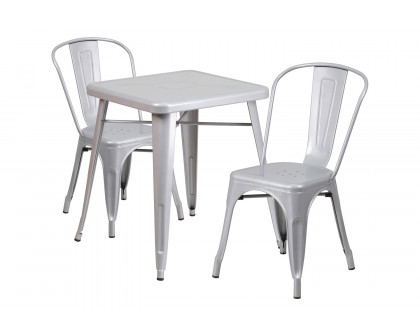 BLNK Owen Commercial Square Metal Indoor-Outdoor Table Set with 2 Stack Chairs - Silver