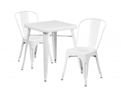 BLNK Owen Commercial Square Metal Indoor-Outdoor Table Set with 2 Stack Chairs - White