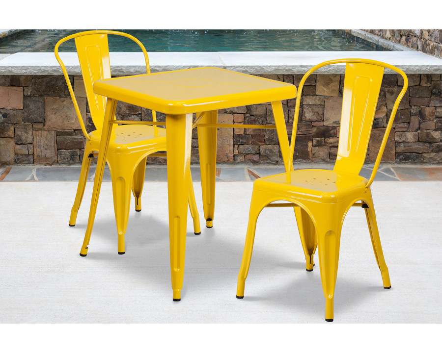 BLNK Owen Commercial Square Metal Indoor-Outdoor Table Set with 2 Stack Chairs - Yellow