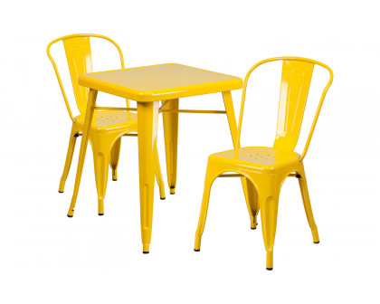 BLNK Owen Commercial Square Metal Indoor-Outdoor Table Set with 2 Stack Chairs - Yellow