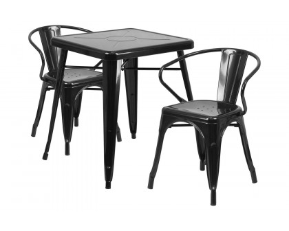 BLNK Owen Commercial Square Metal Indoor-Outdoor Table Set with 2 Arm Chairs