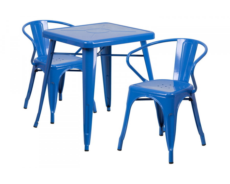 BLNK Owen Commercial Square Metal Indoor-Outdoor Table Set with 2 Arm Chairs - Blue