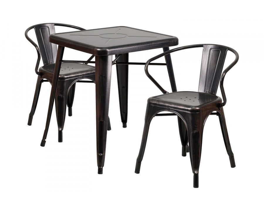 BLNK Owen Commercial Square Metal Indoor-Outdoor Table Set with 2 Arm Chairs - Black/Antique Gold