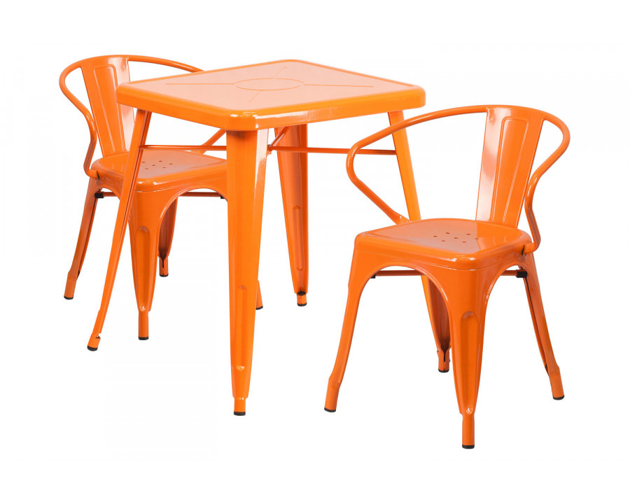 BLNK Owen Commercial Square Metal Indoor-Outdoor Table Set with 2 Arm Chairs - Orange