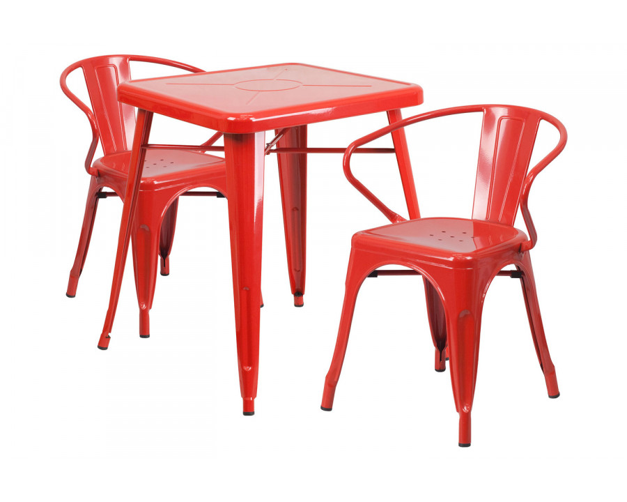 BLNK Owen Commercial Square Metal Indoor-Outdoor Table Set with 2 Arm Chairs - Red