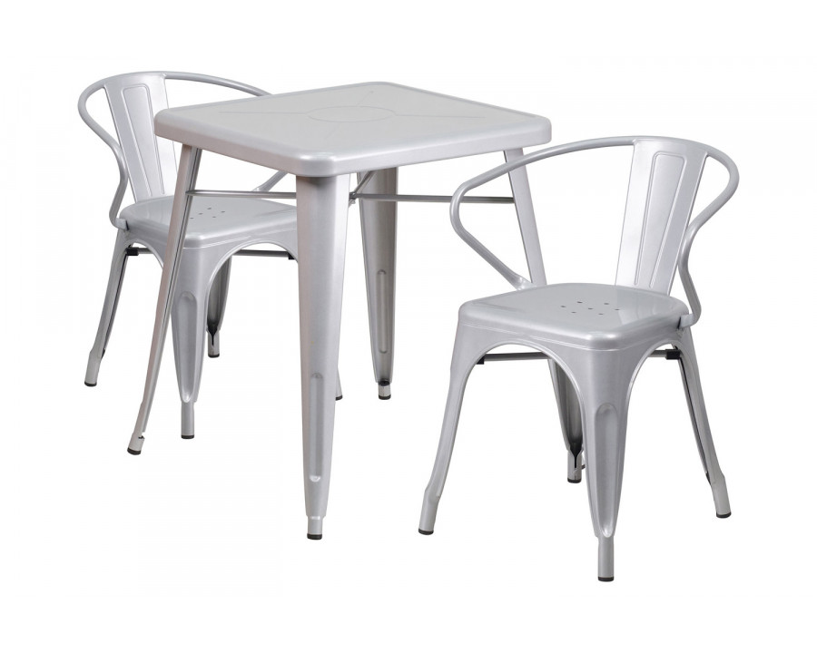 BLNK Owen Commercial Square Metal Indoor-Outdoor Table Set with 2 Arm Chairs - Silver