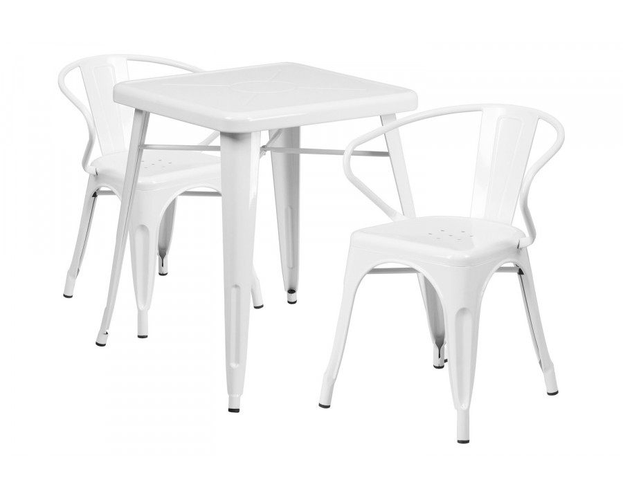 BLNK Owen Commercial Square Metal Indoor-Outdoor Table Set with 2 Arm Chairs - White