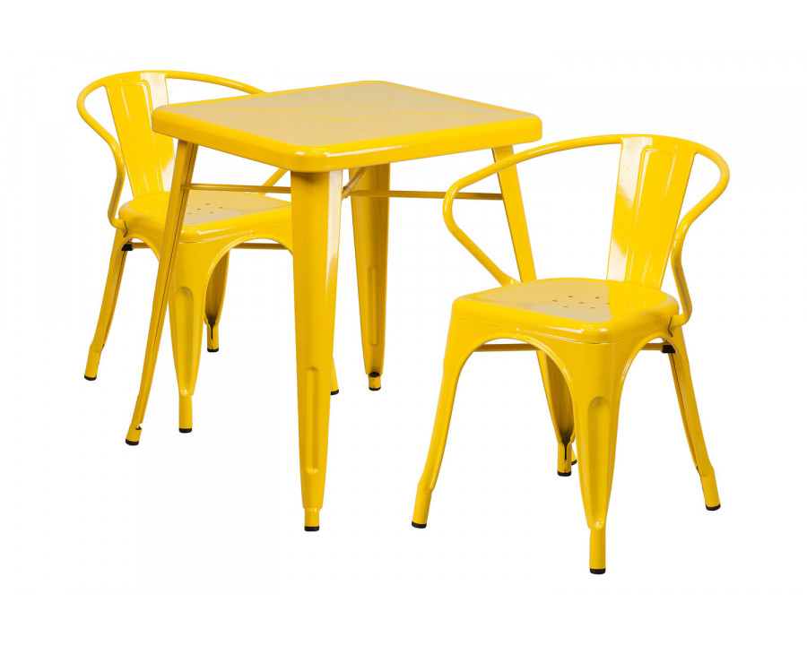 BLNK Owen Commercial Square Metal Indoor-Outdoor Table Set with 2 Arm Chairs - Yellow