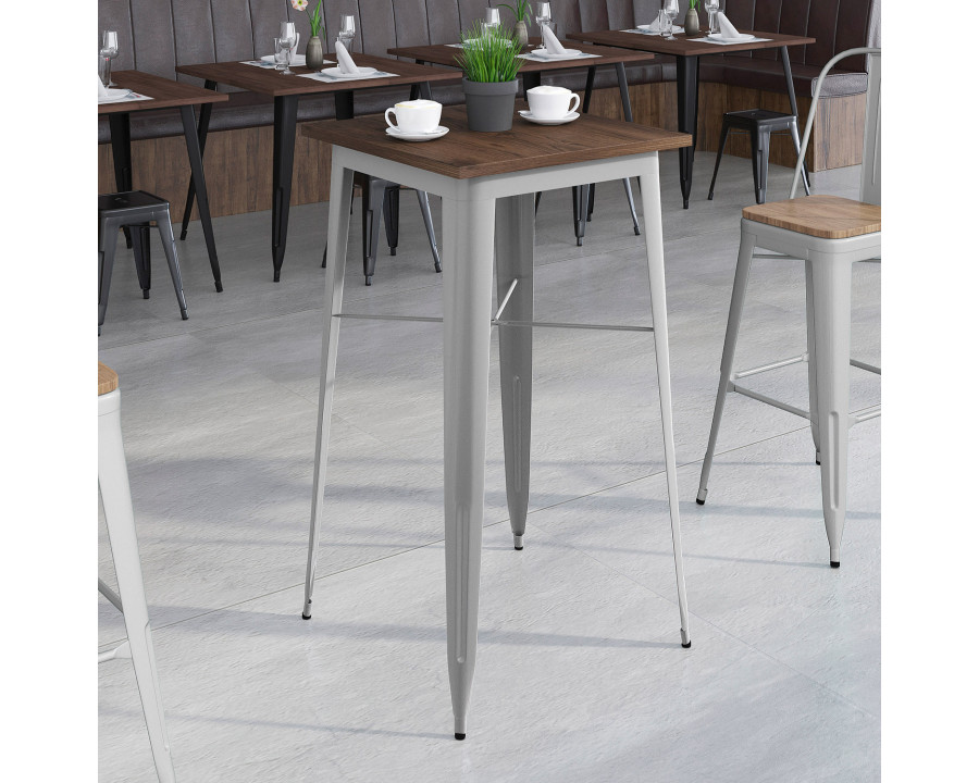 BLNK Prince Square Metal Indoor Bar Height Table with Walnut Rustic Wood Top - Silver