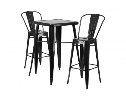 BLNK Gable Commercial Square Metal Indoor-Outdoor Bar Table Set with 2 Stools with Backs - Black