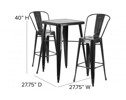 BLNK Gable Commercial Square Metal Indoor-Outdoor Bar Table Set with 2 Stools with Backs - Black