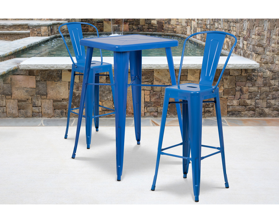 BLNK Gable Commercial Square Metal Indoor-Outdoor Bar Table Set with 2 Stools with Backs - Blue