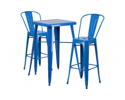 BLNK Gable Commercial Square Metal Indoor-Outdoor Bar Table Set with 2 Stools with Backs - Blue