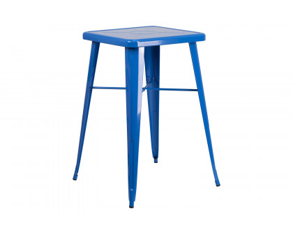 BLNK Gable Commercial Square Metal Indoor-Outdoor Bar Table Set with 2 Stools with Backs - Blue