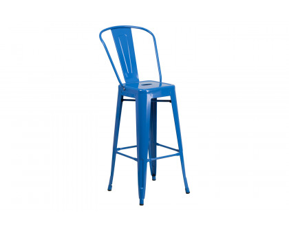 BLNK Gable Commercial Square Metal Indoor-Outdoor Bar Table Set with 2 Stools with Backs - Blue