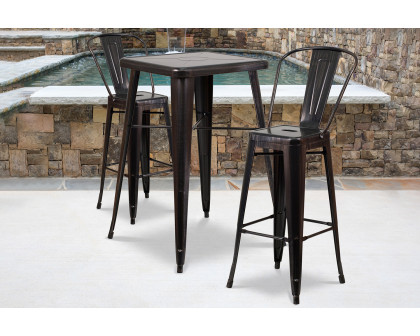 BLNK Gable Commercial Square Metal Indoor-Outdoor Bar Table Set with 2 Stools with Backs