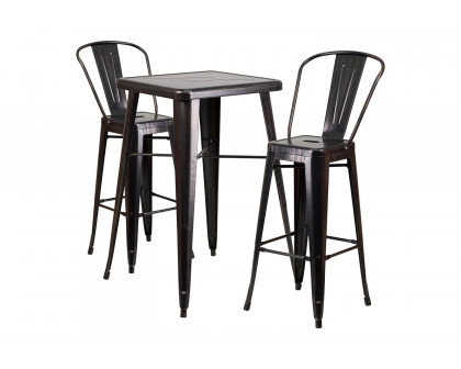 BLNK Gable Commercial Square Metal Indoor-Outdoor Bar Table Set with 2 Stools with Backs - Black/Antique Gold